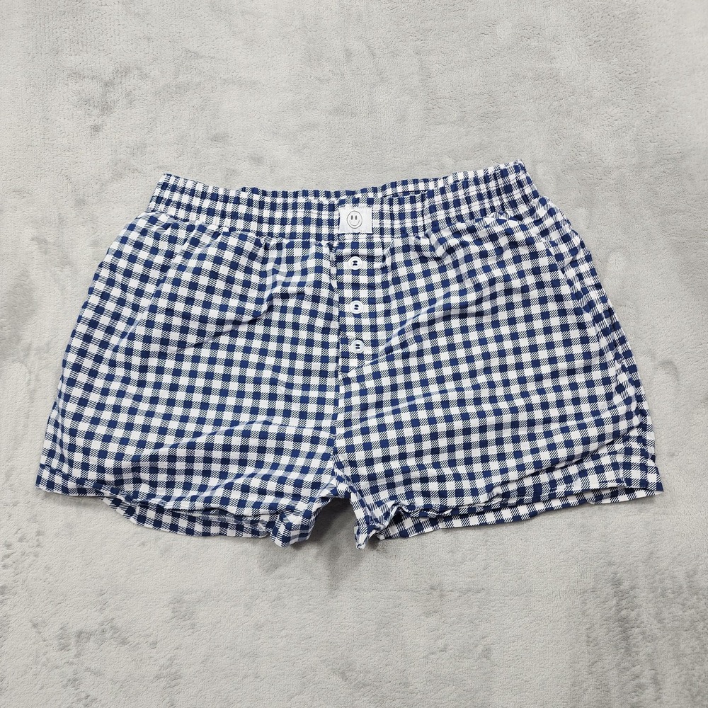 Happily Grey Shorts Womens L Blue Gingham Check Elastic Waist Hot Pants Casual